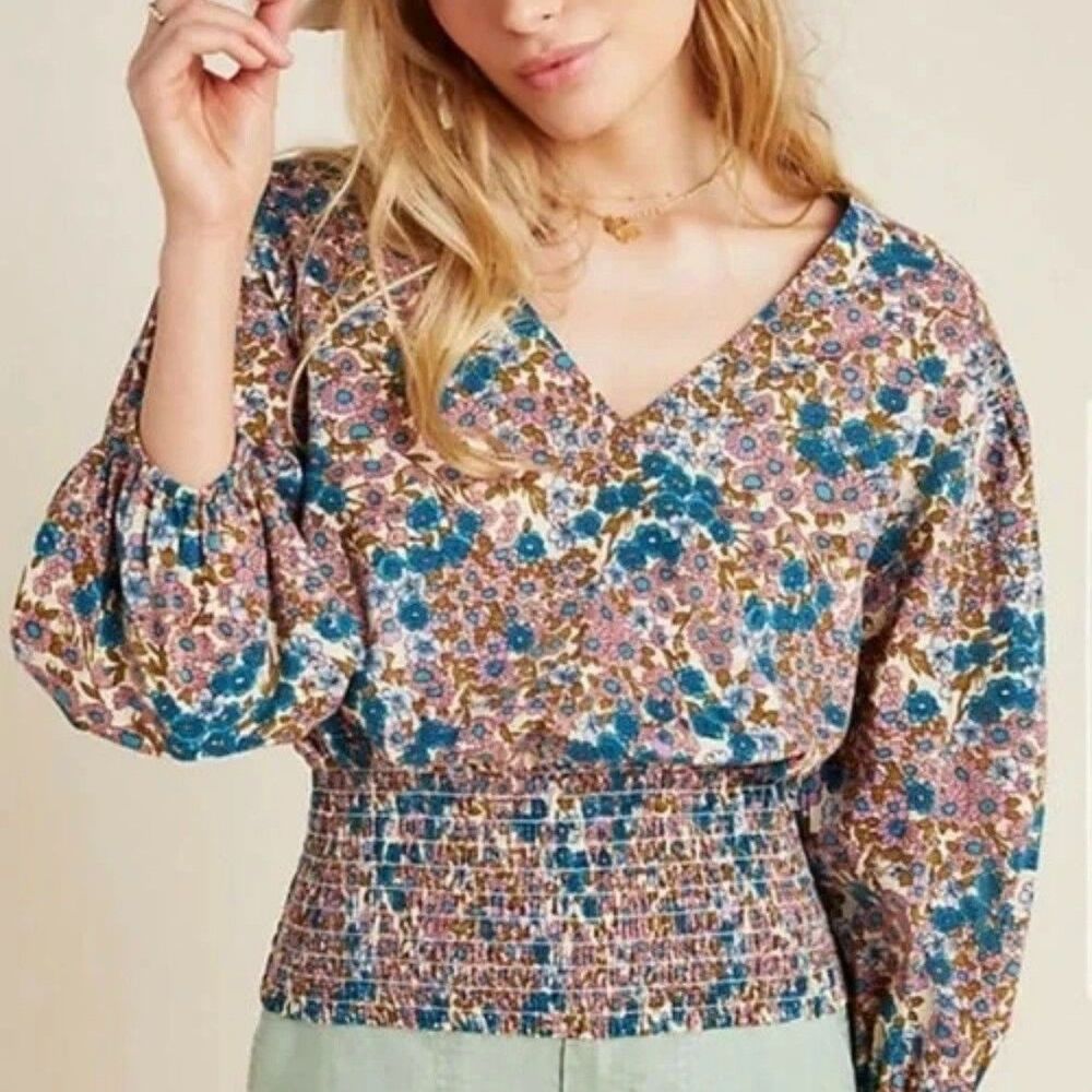 Anthropologie Maeve XS Extra Small Odette Blouse Smocked Floral Bohemian Top